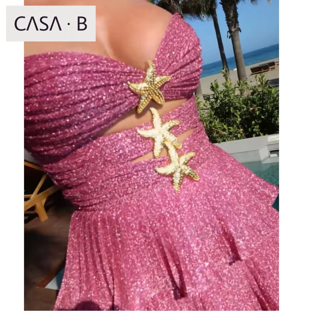 NEW!💫to CASA B| Azaria Stardust Cut Out Gold Starfish Tiered Ruffle Mini Dress - Picture 2 of 5